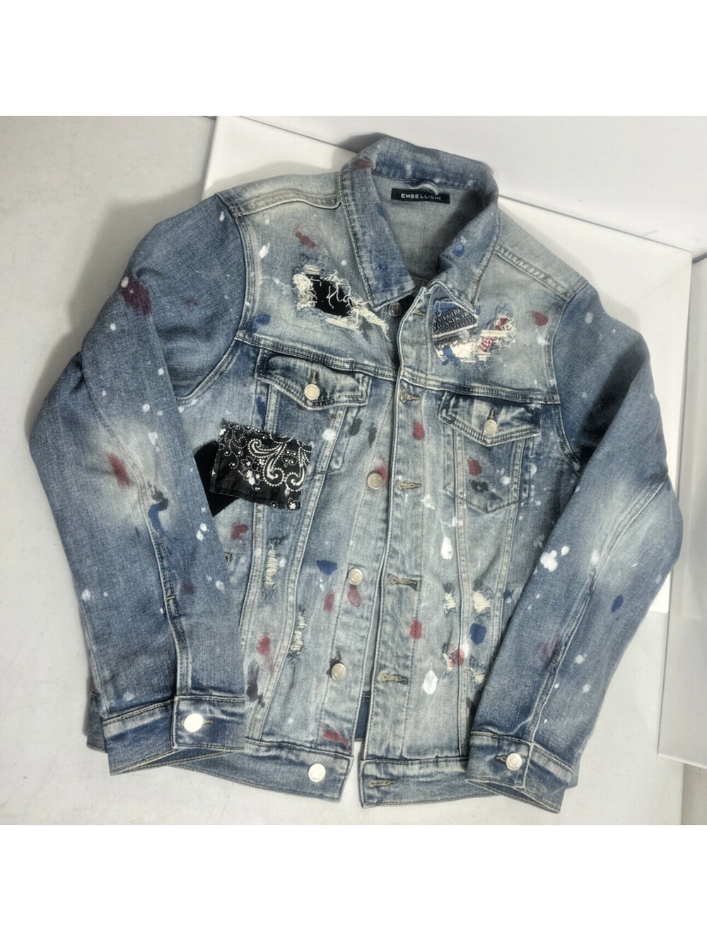 Embellish NYC Men’s Denim Jacket Large L Paint Splatter Bandana Patch Trucker